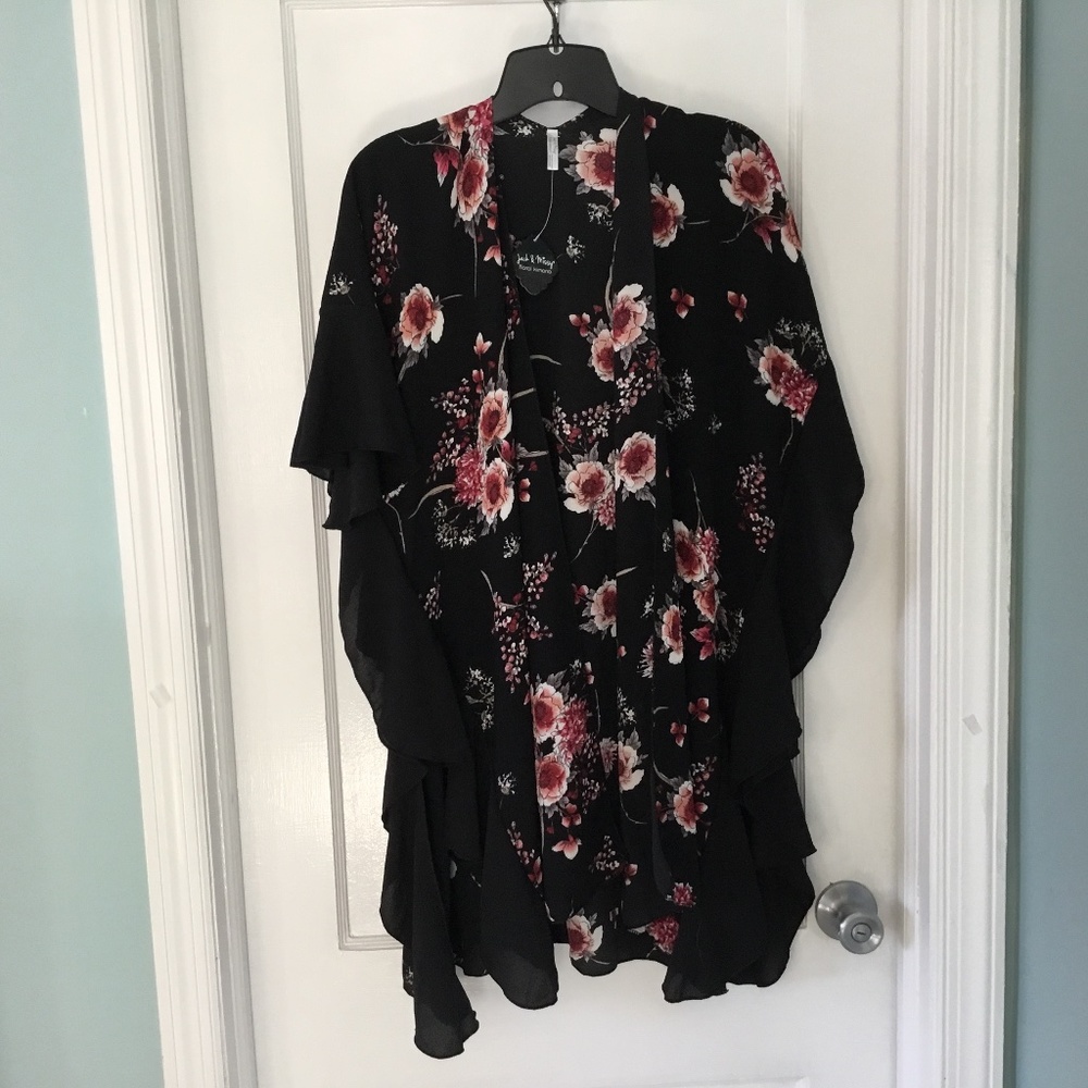 Jack & Missy black floral kimono, interesting ruffle sides, one size, NWT